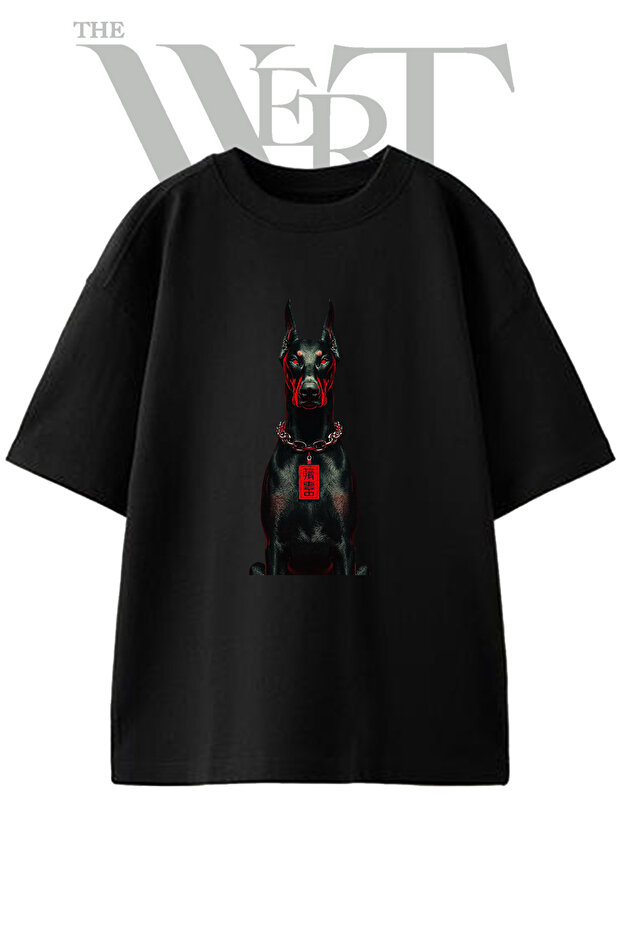 Red Eyed Doberman Design Printed Unisex Black Oversize T-Shirt