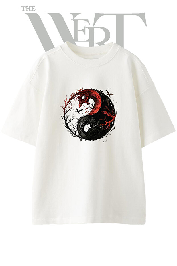 Dragon Yin Yang Design Printed Unisex White Oversize T-Shirt