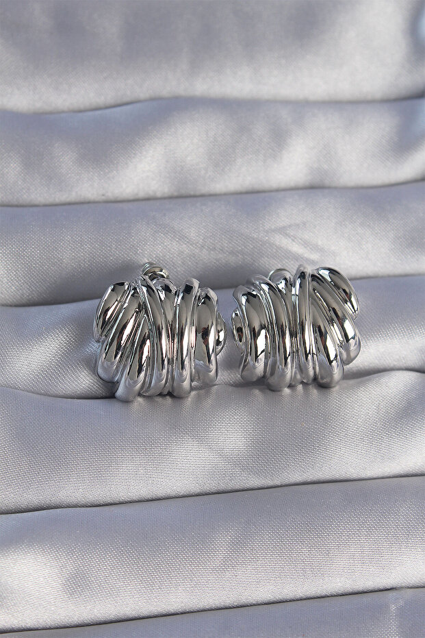 Brass Silver Color Serrated Bombe Model Earrings