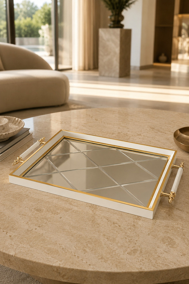 Premium Mirrored Diamond White Framed Decorative Tray with Gold Detail 46X28 cm