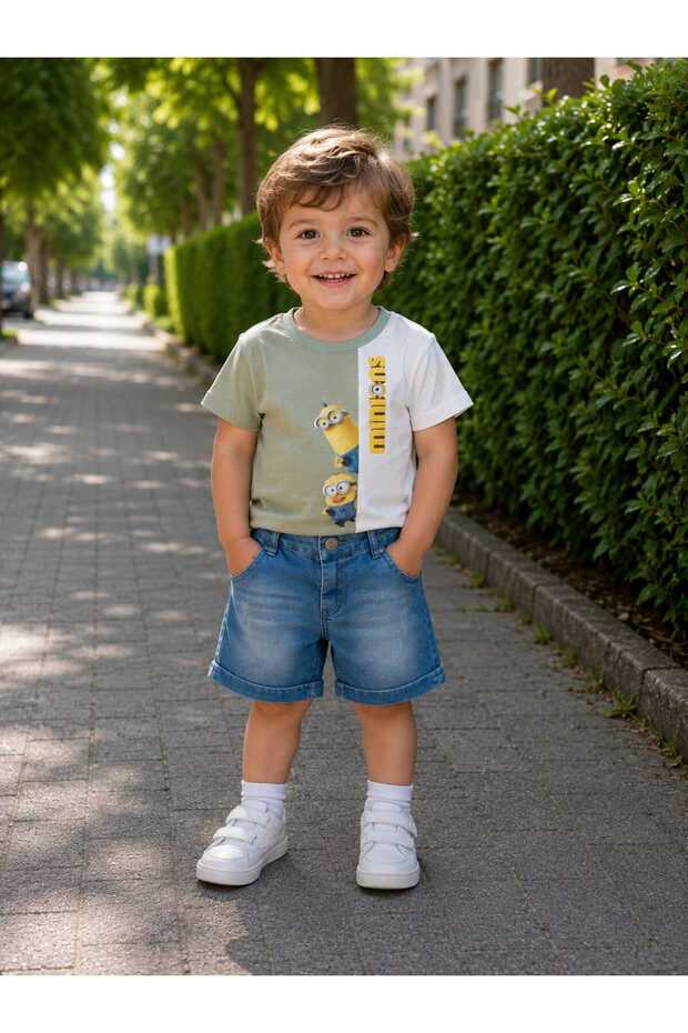 Baby Boy Minions Printed T-Shirt Pocket Denim Shorts 2-Piece Set