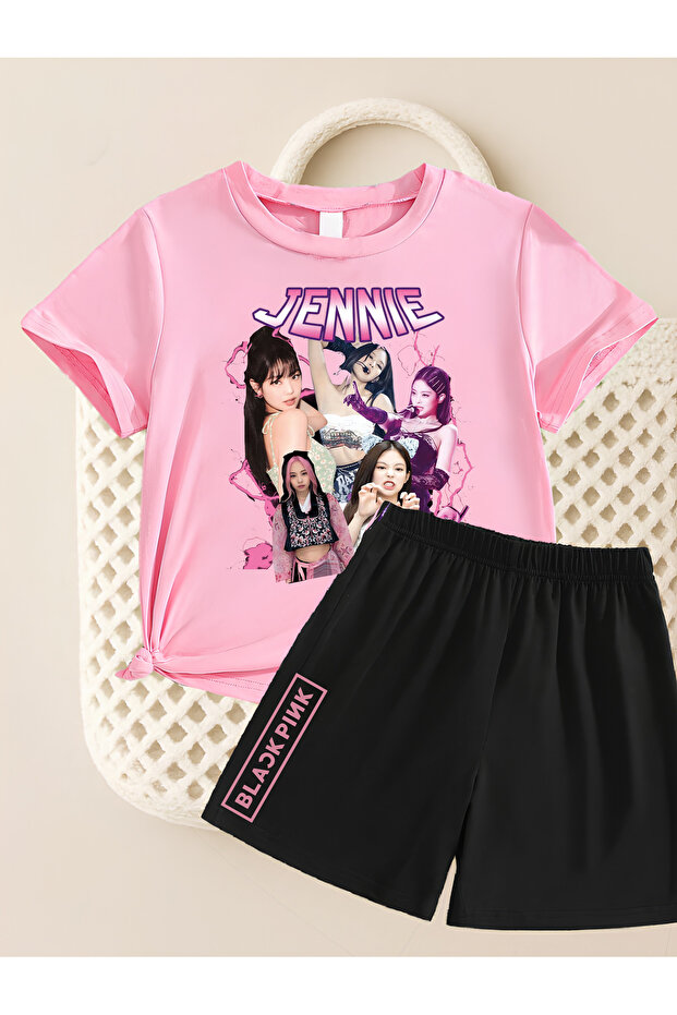 Jennie from Blackpink K-Pop Printed Cotton Short Sleeved Children's Tshirt-Shorts Two-Piece Set