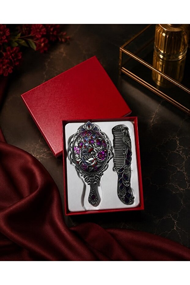 Luxury Gift Boxed Ottoman Palace Collection Antique Copper Stone Embroidered Hand Mirror and Comb Set