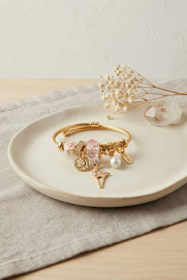 Deer Model Gold Color Pink Charm Bracelet