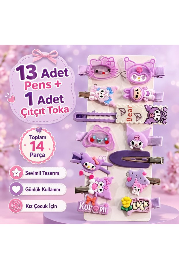 14-Piece Cute Figured Hair Clip Set for Girls – 13 Pen Clips + 1 Snap Clip – Purple Pink