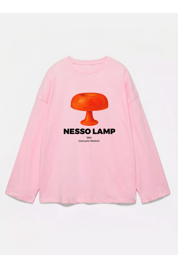 100% Cotton Oversize Fit Nesso Lamp Printed - Crew Neck Long Sleeve T-Shirt