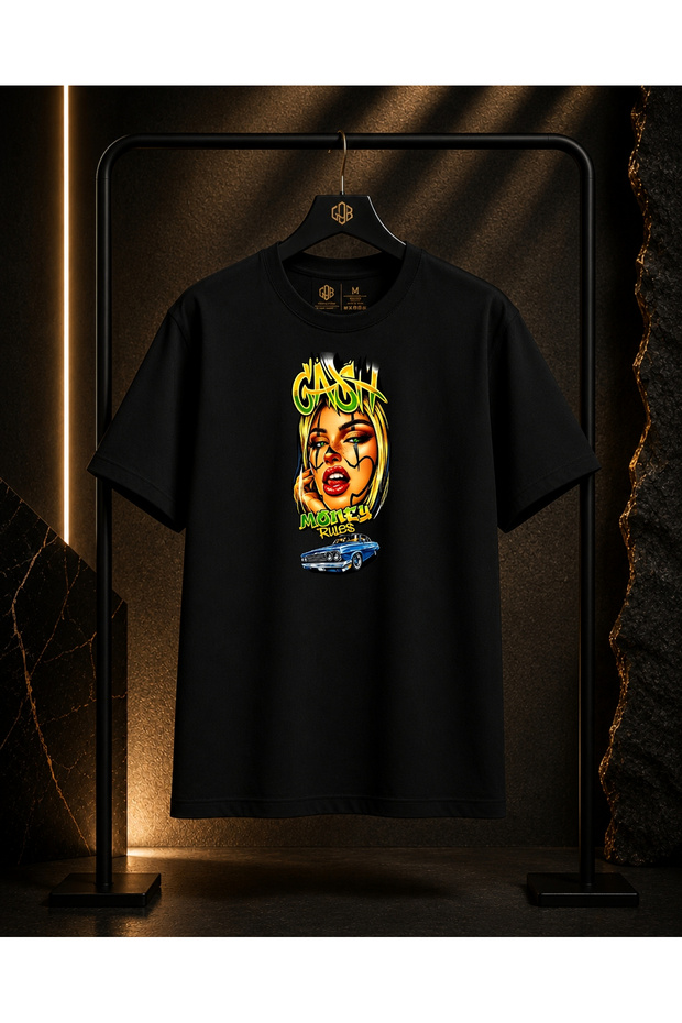 Unisex Money Rules Printed 100% Cotton Oversize Crew Neck Short Sleeve T-Shirt Black
