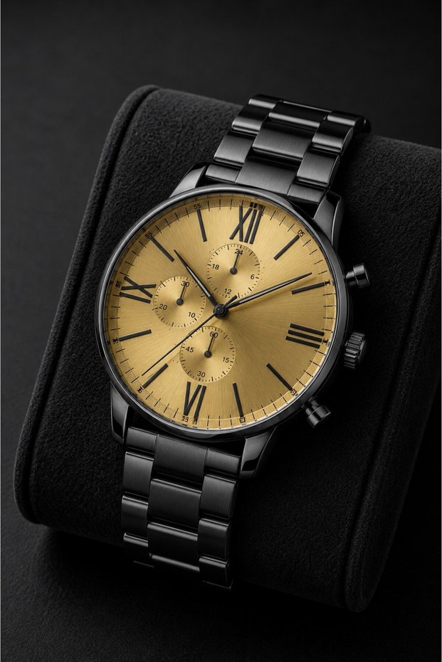 Men's Wristwatch Black Metal Strap Yellow Dial Roman Numeral Chronograph Look
