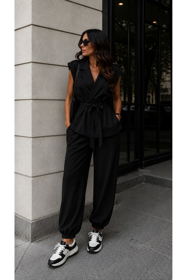 Women's Kuruvaze Collar Shoulder Button Detail Belted Double Suit