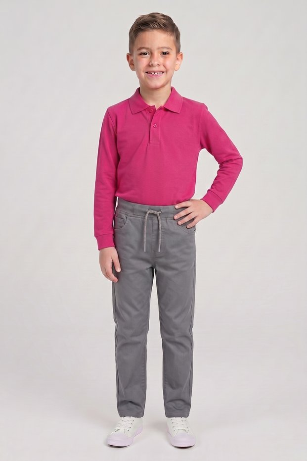 Boys' Fuchsia Long Sleeve Polo Collar T-Shirt Gray Ribbed Waist Canvas School Pants Bottom Top Set School Outfit