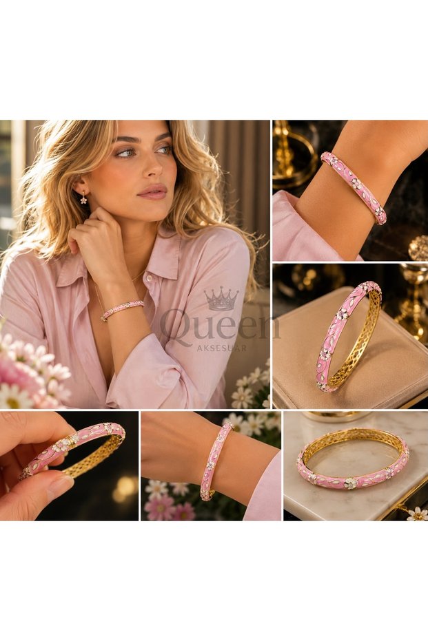 Luxurious Elegant Gold Gold-Plated Pink Mother-Of-Pearl Enamel Flower Motif Stone Bracelet Women's Bracelet Bracelet
