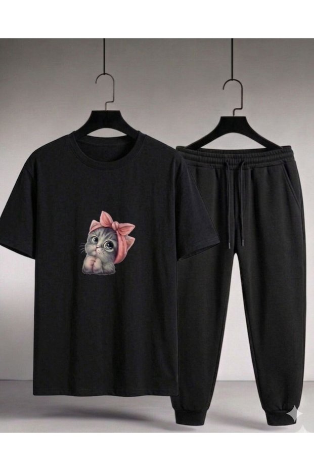 T-Shirt Sweatshirt 2-Piece Combination Thin Summer Sweat-Absorbing Cute Cat Printed Women's / Girls' Model