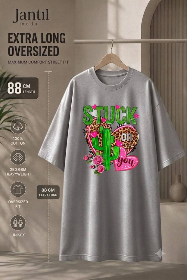 Collar Cactus and Leopard Heart Stuck on You Written Extra Long Oversize Tunic T-Shirt Short Sleeve