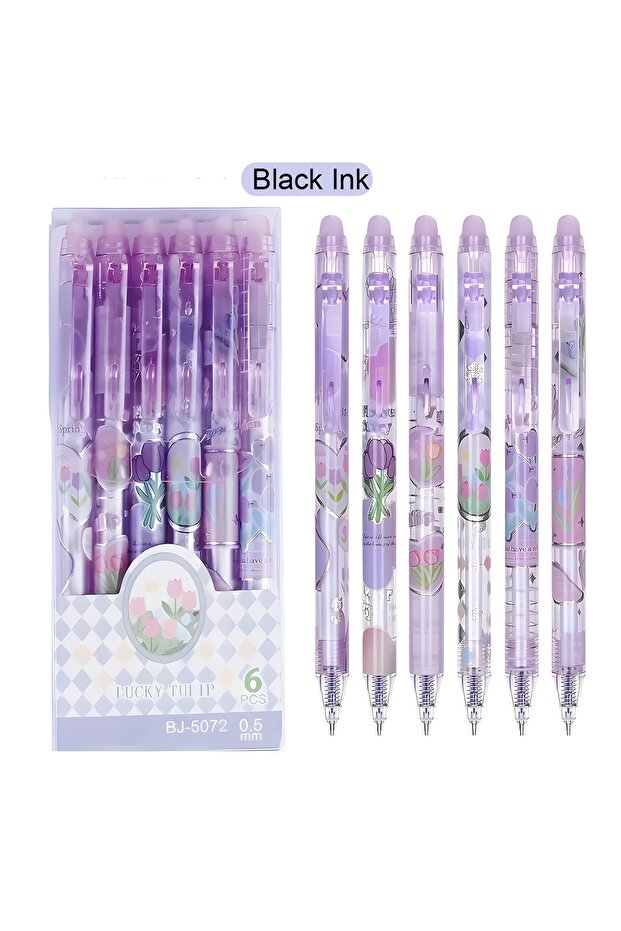 BLACK 6pcs Cute Erasable Gel Pens, 0.5mm Fine Point, Smooth Writing, Blue Ink, No Smudge, Ideal for