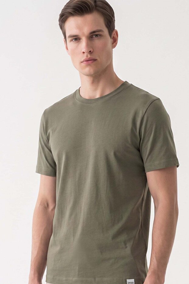 Khaki Crew Neck Short Sleeve Slim Fit Cotton T-Shirt 1011265166