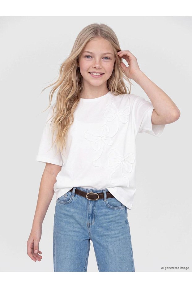 Crew Neck Bow Detail Girls' T-Shirt (S6)