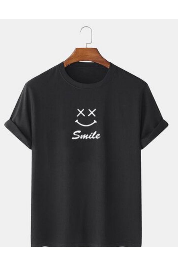 Smile Printed Unisex Oversize Printed Crew Neck Short Sleeve Black T-Shirt