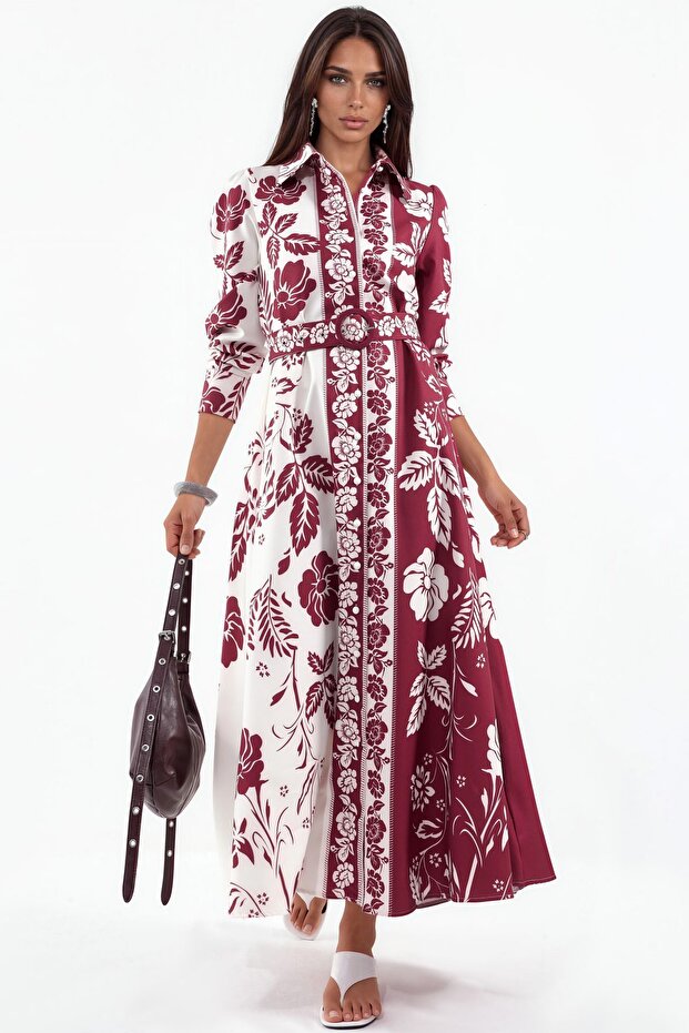 Msn Floral Patterned Belted Long Shirt Dress
