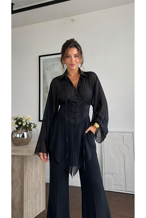 Black Lace Detailed Chiffon Shirt - 2625