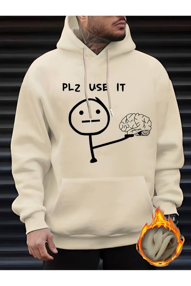 Men's Beige Plz Use It Printed 3 Thread Hooded Hoodie Sweatshirt