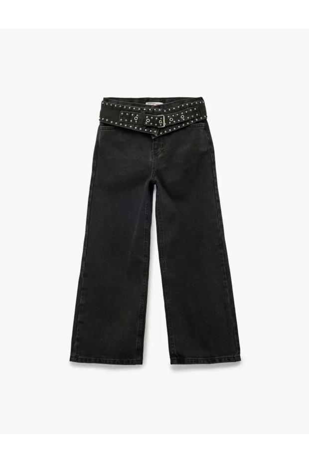 Wide Leg Denim Pants with Eyelet Detail and Cotton Belt