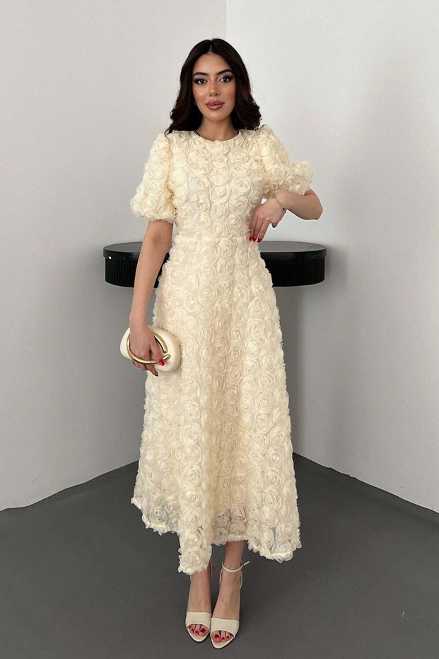 Women's Beige Midi Rose Appliqué Balloon Sleeve Round Neck Lined Event Dress