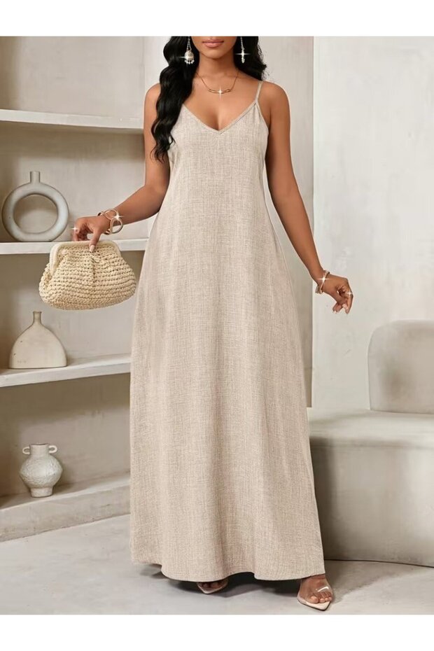 Women's Rope Strap V-Neck Long Dress with Pocket Detail