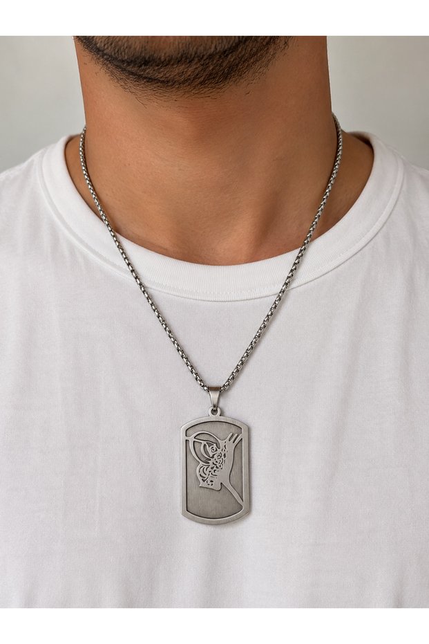 316L Stainless Steel Ottoman Tughra and White Wolf Engraved Unisex Necklace Gift