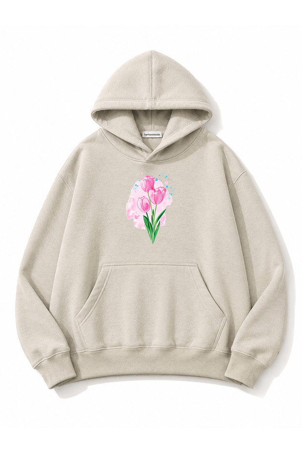 Tulip Printed Hooded 2 Thread Threaded Sweatshirt