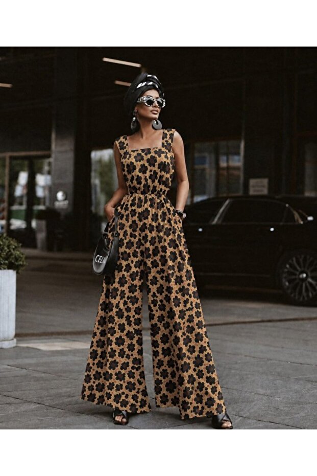 بذلة نسائية طويلة من قماش السوبر جيرسيه بدون حزام وياقة مربعة وتصميم مزخرف