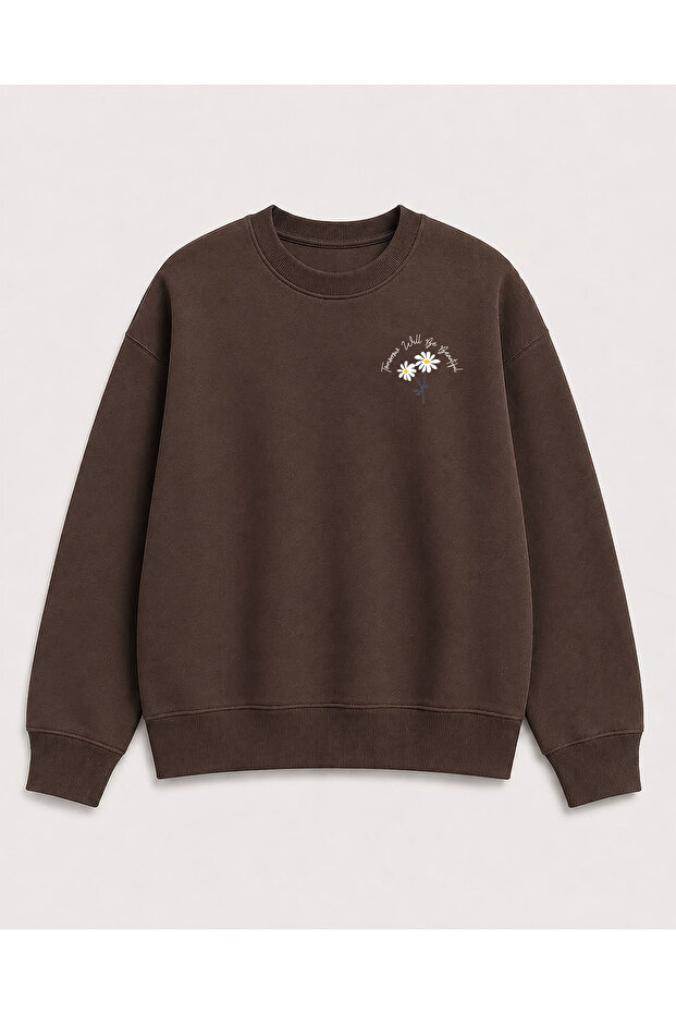 Daisy Print Detailed Crew Neck 2 Thread Sweatshirt