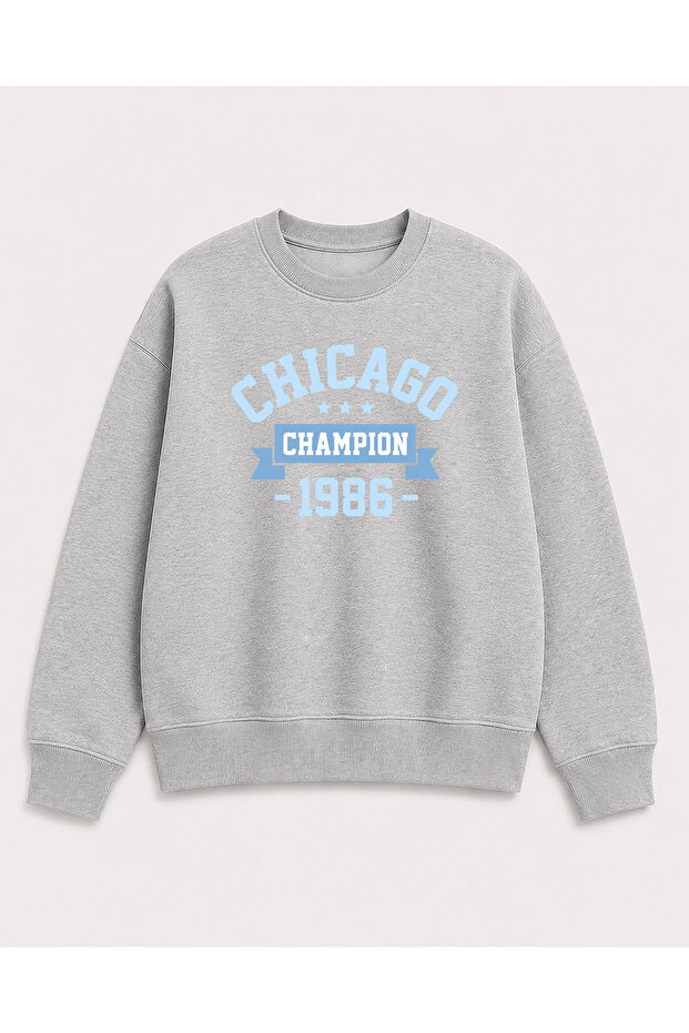 Chicago Print Detailed Crew Neck 2 Thread Sweatshirt