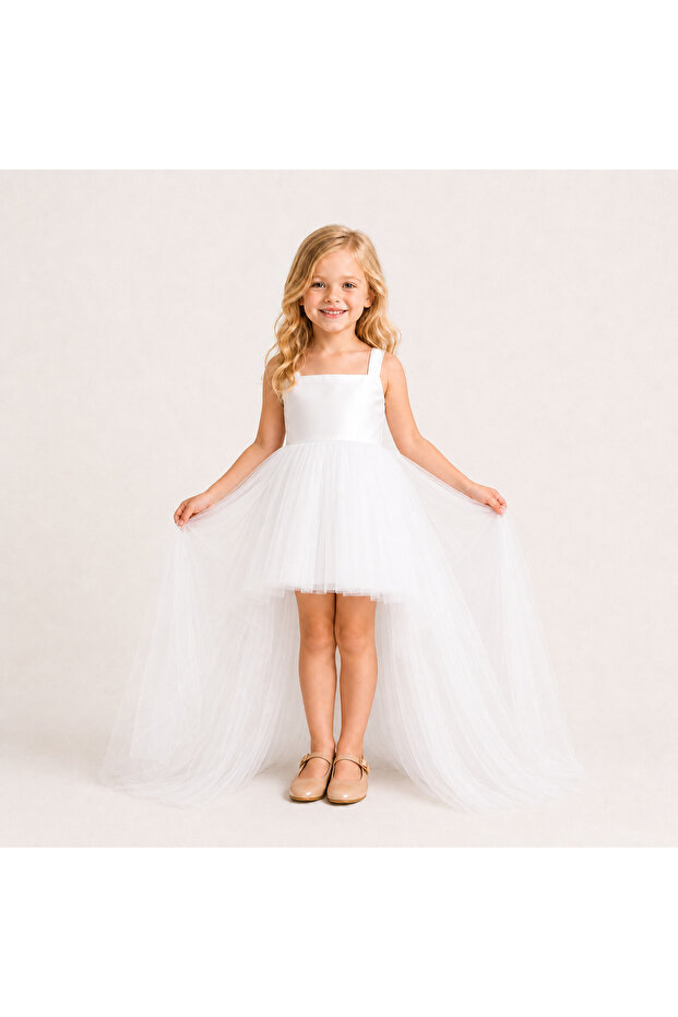 Suneh Girl's White Color Satin Front Short Back Long Evening Dress 1-5 Age Range