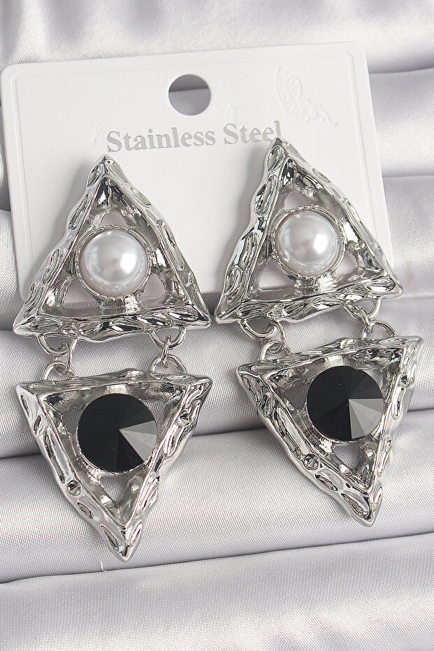 Brass Silver Color Dangle Triangle Model Pearl Detail Women's Earrings