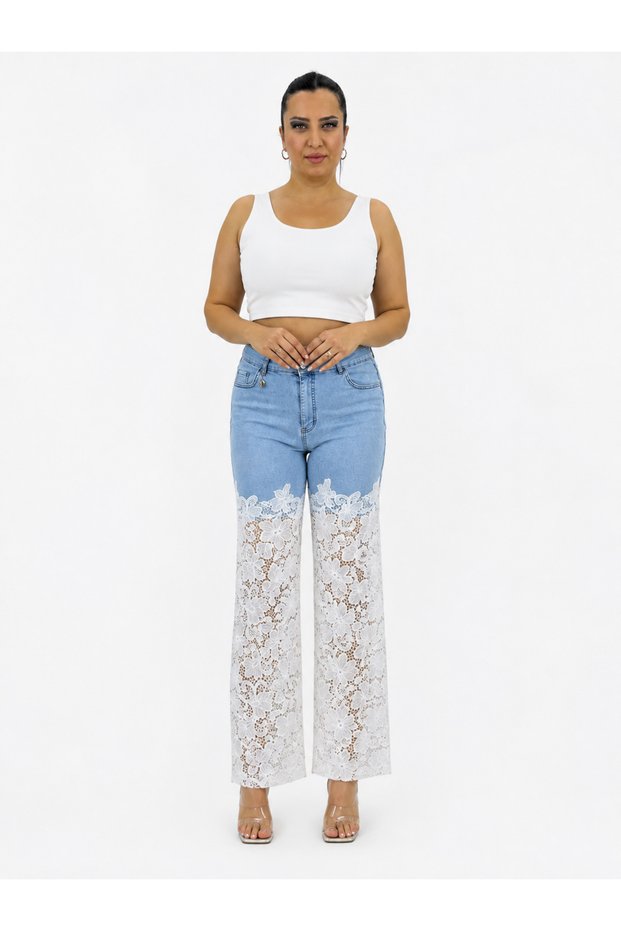 Plus Size Tencel High Waist Lace Wide Leg Women's Pants