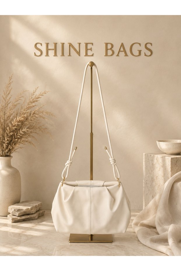 Soft Leather Drawstring Cream Women's Shoulder Bag with Adjustable Strap and Knot Detail, Zipper Closure