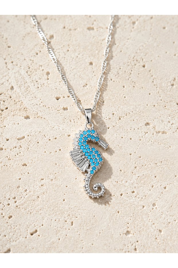 Seahorse Pendant Blue Zircon Stone Silver Color Women's Necklace | Elegant Sea-Themed Necklace