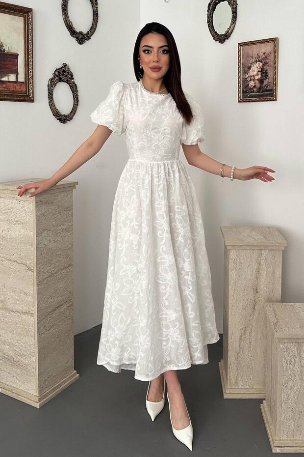 Women's White Brode Midi Dress with Balloon Sleeves, Gathered Waist and Tie Back