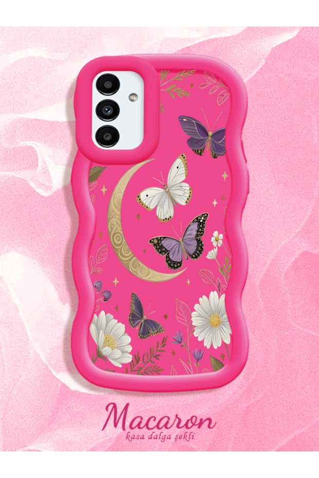 Samsung Galaxy A13 5g Compatible Wavy Frame Moon Butterfly and Flower Pattern Silicone Phone Case
