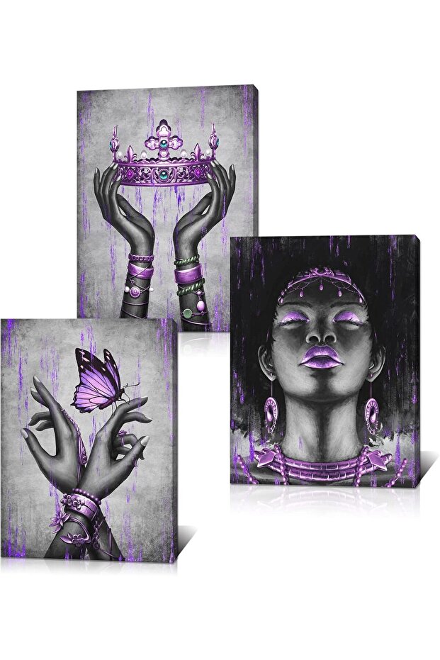 30x40 cm 3 Panel Gallery Wrapped Canvas | Purple Queen African American Wall Art | Crown Butterfly Portrait Decor
