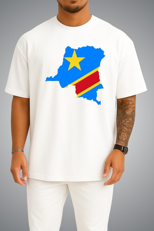 Oversize Democratic Republic of Congo Flag and Map Large Chest Printed Unisex T-Shirt