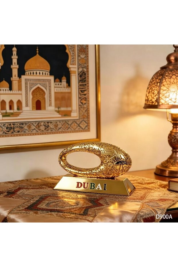 Dubai Souvenir Desktop Ornament, Arabic Calligraphy Ring Metal Sculpture with Base. Artistic Museum-Style Home Office Decor Figurine. 3 Colors Silver Gold Bronze. Modern Arabic Art Piece.