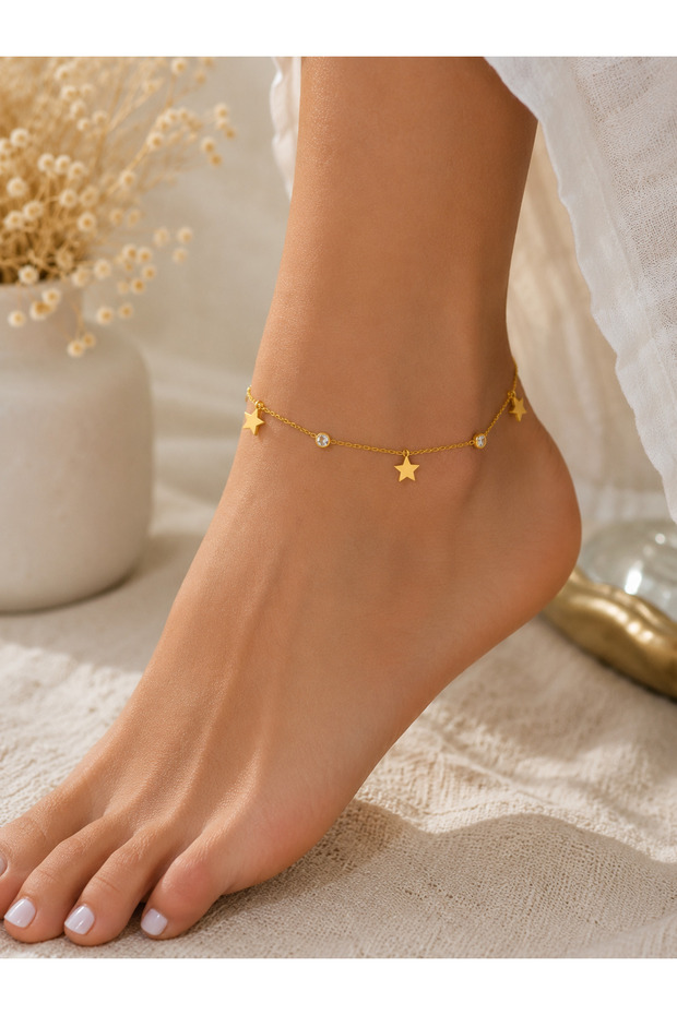 Women's Gold Color Star Figured Zircon Stone Stainless Steel Anklet