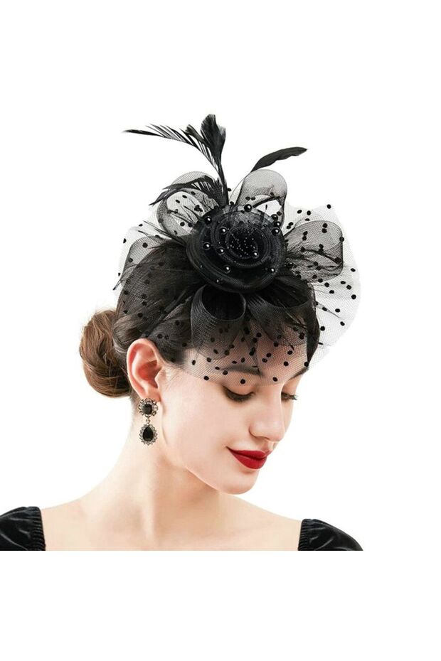 Two beaded polka dot printed metal clip headbands with mesh flower and feather embellishments - Black