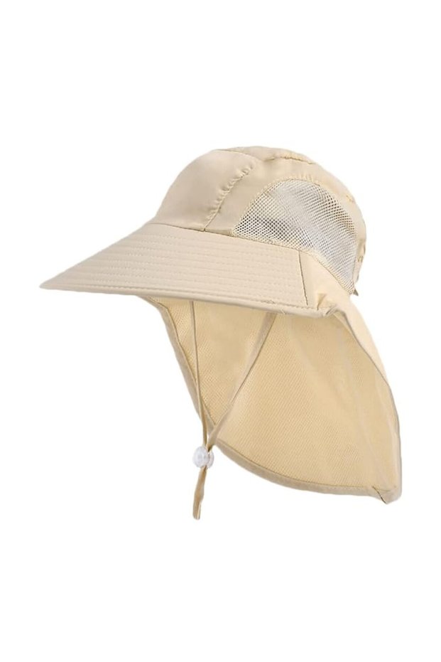 Children's sun hat with UV protection and neck protection, suitable for girls and boys aged 4-13, wide brim, UPF 50+ (beige).