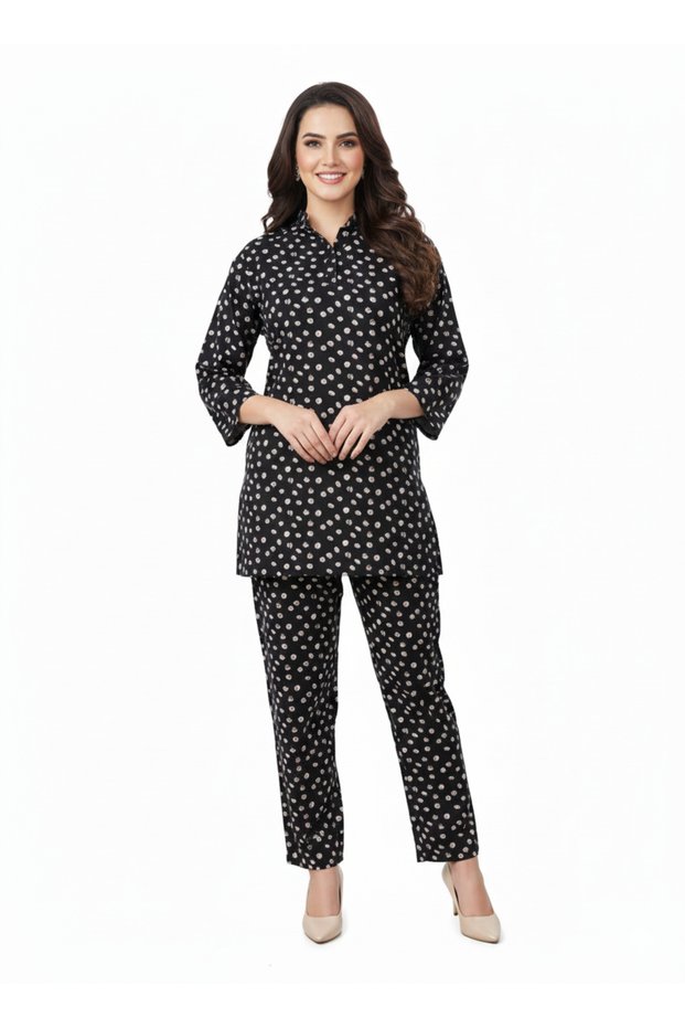 Midnight Polka Dot Printed Kurti Co-ord Set | Rizqé by Zadine Classic Tunic & Trousers