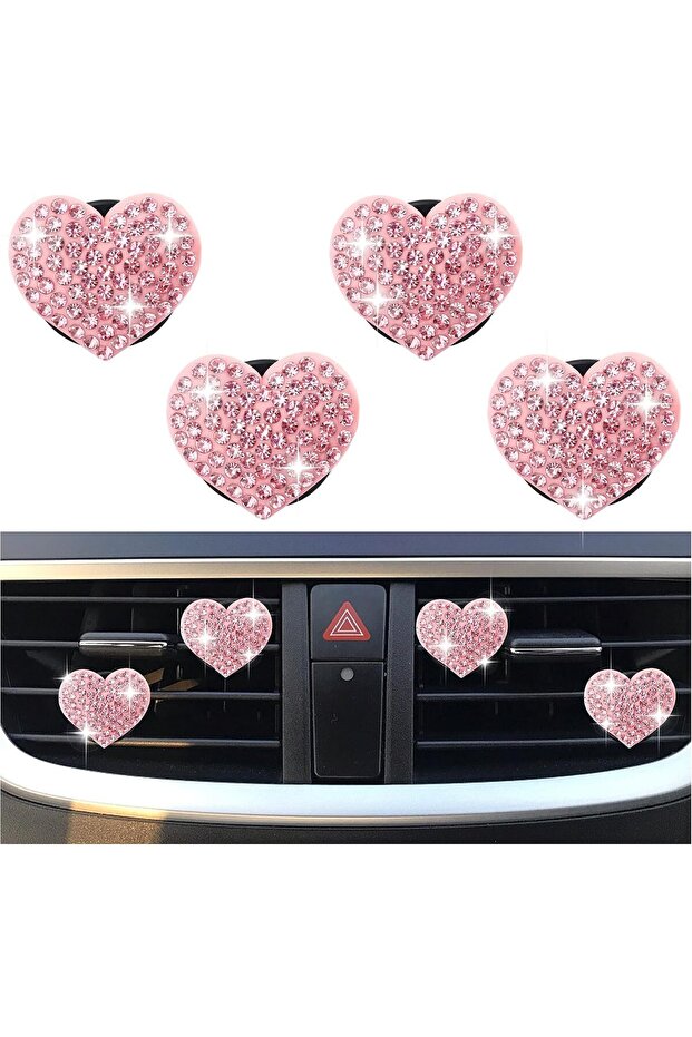 Four Heart-Shaped Car Vent Clips Rhinestone Sparkling Accessories for Sedans Trucks SUVs Pink