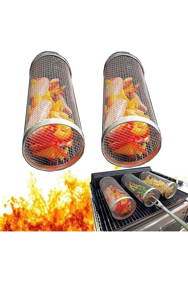 Two-piece stainless steel barbecue basket, outdoor barbecue vegetable basket, cylindrical barbecue basket, and accessories.