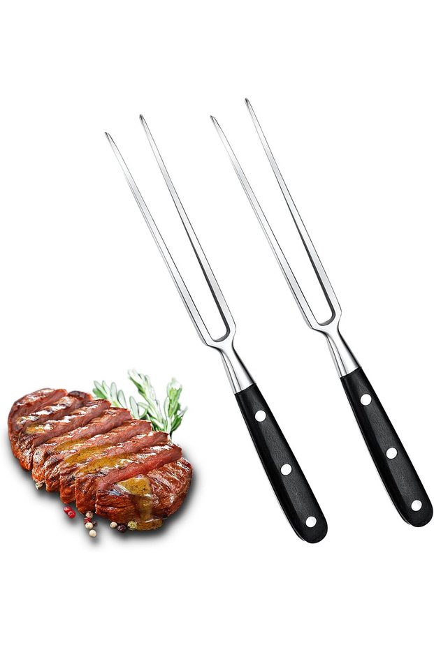 Meat Forks, 2-Pack, Stainless Steel Barbecue Forks, Wooden Handles, 30cm Slicing Forks, Sturdy, Black