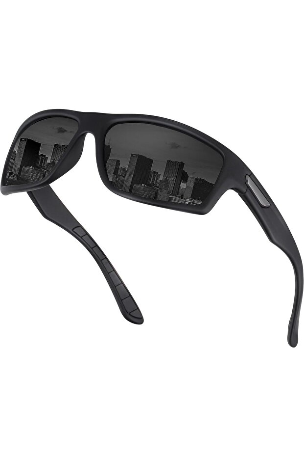 Men's polarized sports sunglasses, wraparound frame, unisex, suitable for driving, running, cycling, and features UV protection.